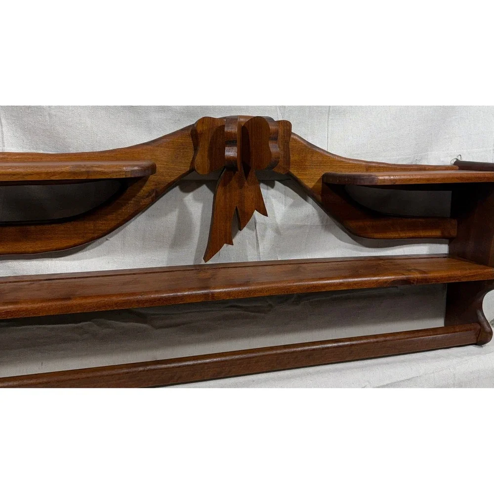 Vintage Walnut Wood Quilt Rack Wall Shelf Carved Bow Ribbon Display 38in GP 92